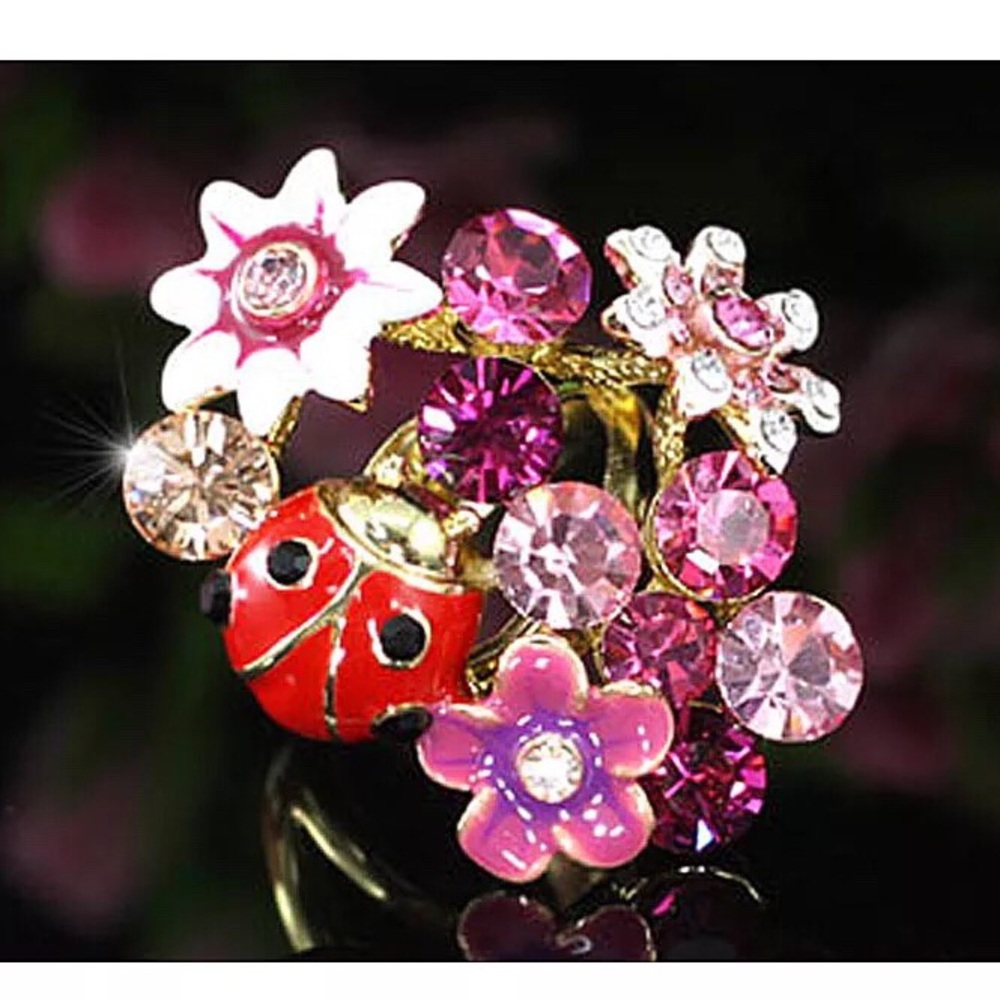 Red Ladybug Pink Flower Ring with Austrian Crystal